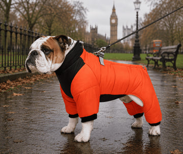 Bravonne RoyalBark Dog Coat on Bulldog — Full-Body Waterproof Coverage for Short-Legged Breeds | Bravonne