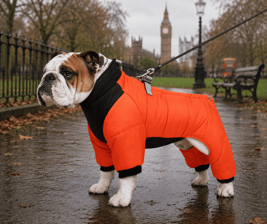 Bravonne RoyalBark Dog Coat on Bulldog — Full-Body Waterproof Coverage for Short-Legged Breeds | Bravonne